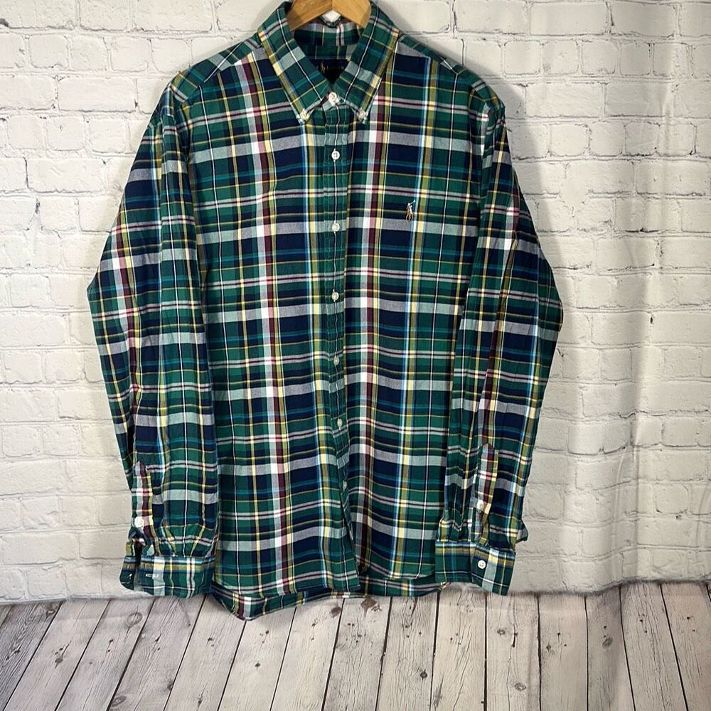 Ralph Lauren  Shirt Mens XL Blue Green Plaid Button Up Flesh Color Pony‎